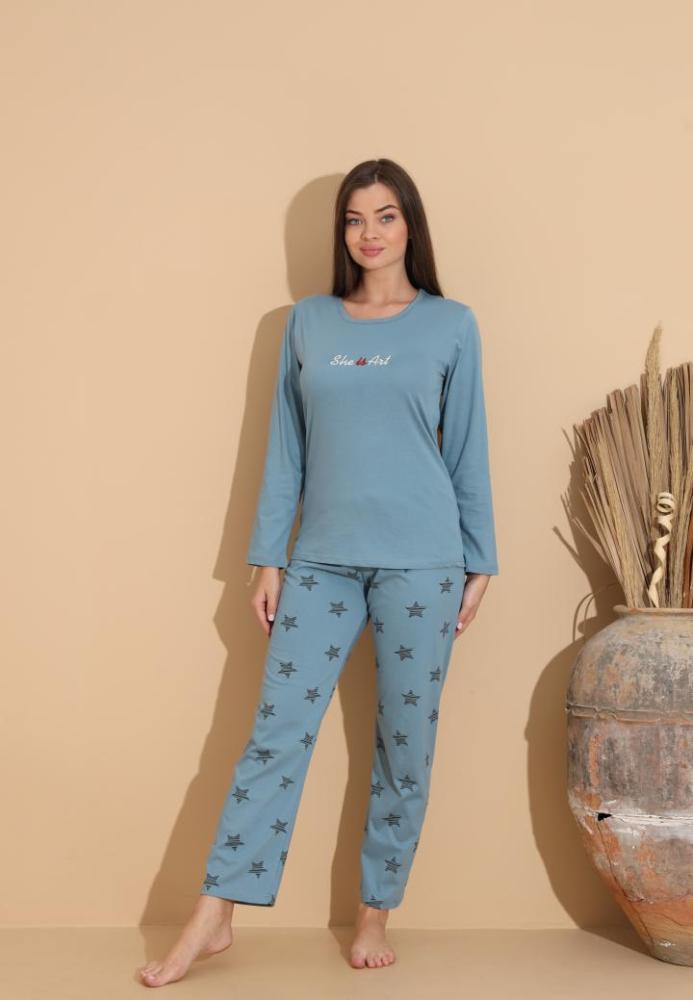 Pijama Dama „She is Art” ,Pantaloni si Maneca Lunga,Culoare Albastru Deschis,Engros